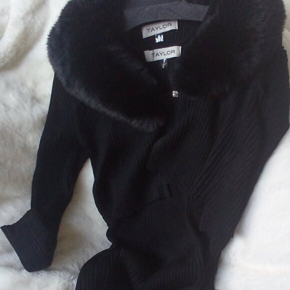 TAYLOR Onyx Mini Sweater Dress w/Faux Fur Collared Cardigan Set  (L) NWT - Picture 1 of 11